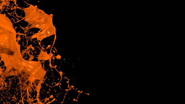 Orange liquid splashes, swirl and waves with scatter drops. Paint, oil or ink splashing dynamic motion, design elements for advertising isolated on black background
