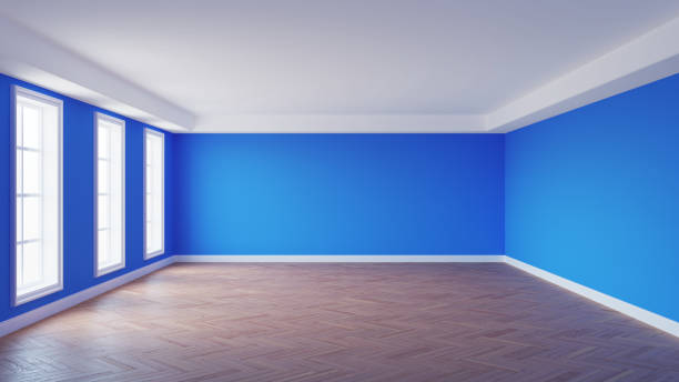 istock Beautiful Empty Room with Blue Stucco Walls, White Ceiling Cornice, Three Windows 1400869950