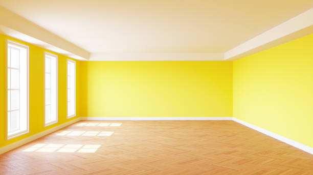 istock Unfurnished Empty Sunlit Interior with Yellow Walls, Three Large Windows 1400869953