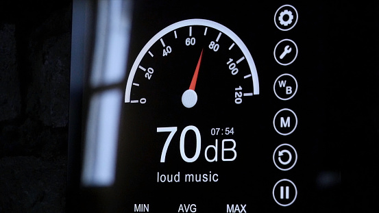 Close-up of sound level meter screen in decibels. Modern electronic sound meter around.