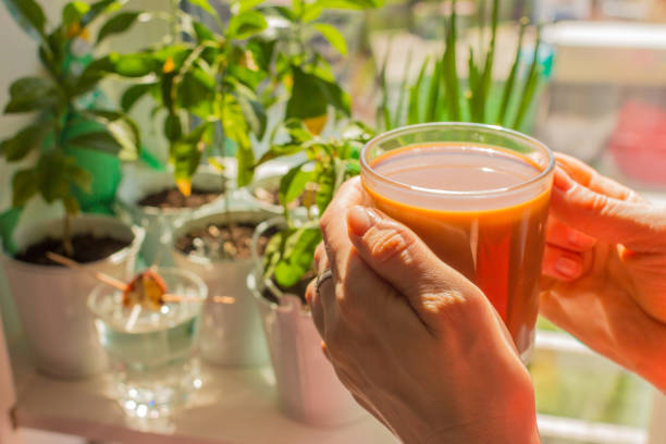 Girl holding coffee cup on green plants background. Cup of morning coffee in hands in sunlight. Homemade latte. Cappuccino cup. Espresso with milk. Hot drinks. Relax with coffee.