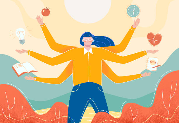 Print Concept of multitasking woman, who works with more arms. Control of your life. Willpower. Time management. Vector illustration. multi tasking stock illustrations