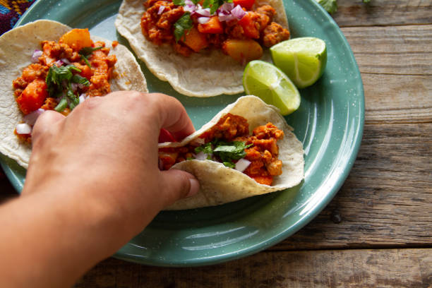 istock Ground meat tacos called picadillo. Mexican food 1400875588