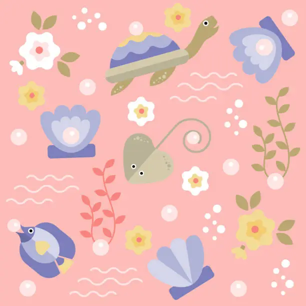 Vector illustration of Set of animals for children. Marine animals and pearl.