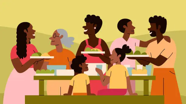 Vector illustration of A Black Multigenerational Family and Friends Enjoy a Picnic Together Outside