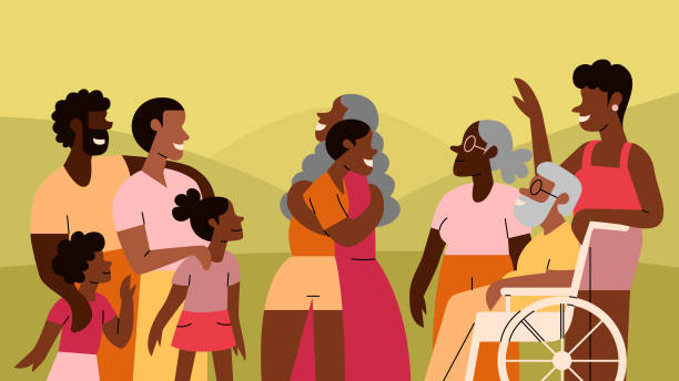 ilustraciones, imágenes clip art, dibujos animados e iconos de stock de una familia y amigos negros muligeneracionales se reúnen para una reunión familiar afuera en el parque - abrazo familia