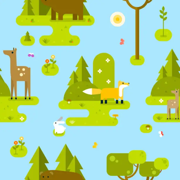 Vector illustration of Blue seamless pattern with forest animals.