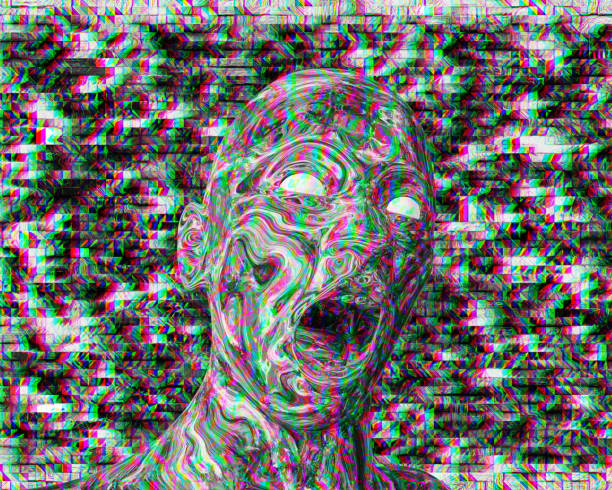 istock Scary spooky man with white eyes, Angry man screaming, glitch style effect bacground, 3d rendered 1400877809