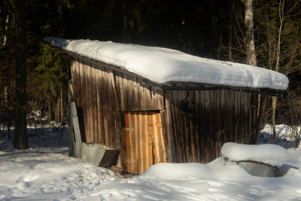 neve no telhado de celeiro feito de madeira. quinta. inverno na aldeia. - stadium abandoned log built structure - fotografias e filmes do acervo