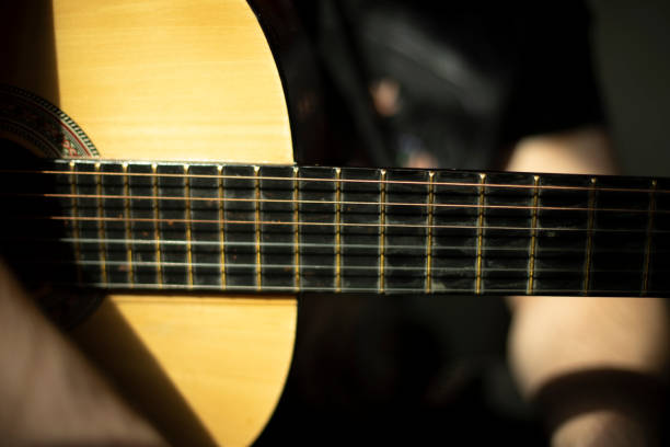 Close up of acoustic guitar, vintage filter. Music instrument concept.