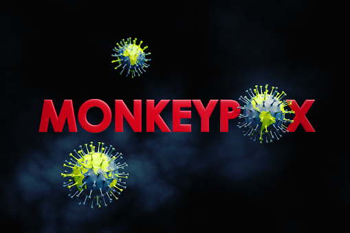 Red Monkeypox text and virus textured with world map. Horizontal composition with copy space.