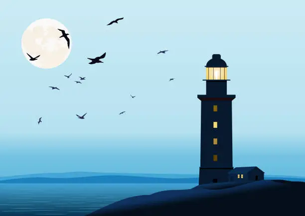 Vector illustration of Majestic Lighthouse on the Coast at Night