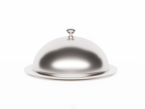 Silver platter sitting on white background. Horizontal composition with copy space. Clipping path is included.