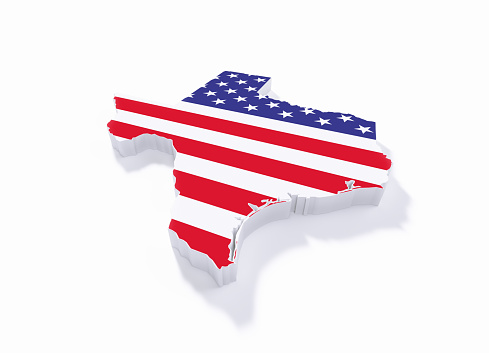 Extruded physical map of Texas State textured with American flag on white background. Horizontal composition with copy space. Clipping path is included.