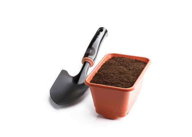 istock Rectangular pot filled with soil and garden shovel isolated on white background 1400882755
