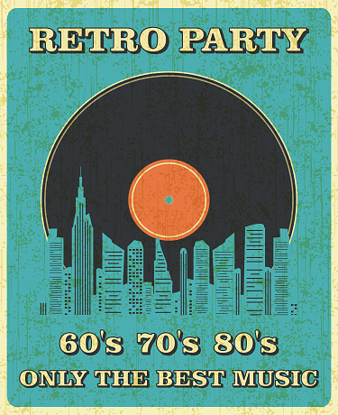Retro Music and Vintage City Vinyl Record Poster in Retro Desigh Style. Disco Party 60s, 70s, 80s.
