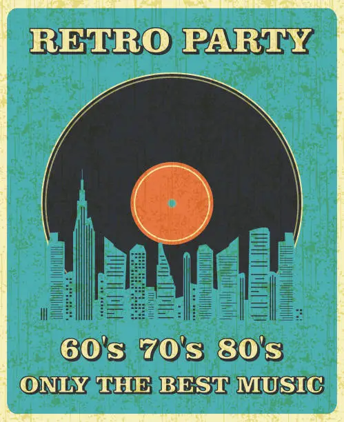 Vector illustration of Retro Music and Vintage City Vinyl Record Poster in Retro Desigh Style. Disco Party 60s, 70s, 80s.