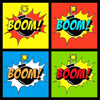 Bomb Boom Comic Text on Explosion Speech Bubble in Pop Art Style.