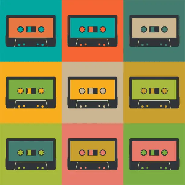 Vector illustration of Retro Music Vintage Cassette Tape Poster in Pop Art Style. Disco Party 60s, 70s, 80s.