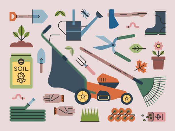 illustrations, cliparts, dessins animés et icônes de outils de jardin et d’aménagement paysager — série brightline - vector plant autumn season