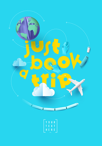 Book a trip online, an order to the travel provider, covers layout, info graphic, background image, with copy space for text, set of symbols and graphic objects