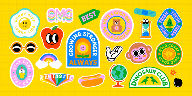 Colorful retro cartoon label shape set Colorful retro cartoon label shape set. Collection of trendy vintage sticker shapes. Funny comic character art and quote sign patch bundle. Cute children icon, fun happy illustrations. animal stickers stock illustrations