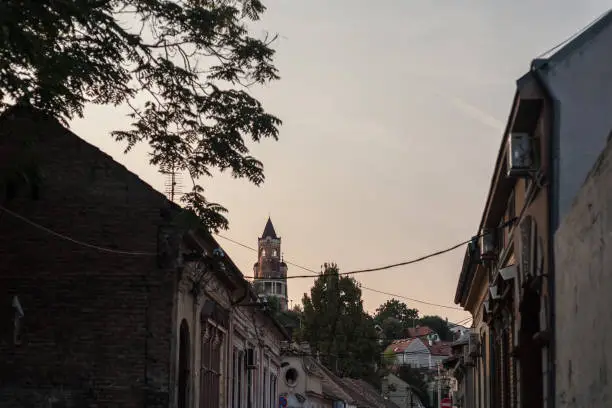 Photo of Selective blur Gardos Tower in Zemun seen from the center at dusk. Also called Kula sibinjanin janka, it is one of main landmarks of the suburb of Belgrade.