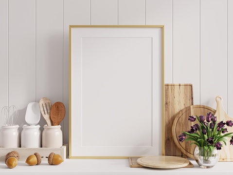 istock Mock up poster frame in kitchen interior with white wall. 1400900999