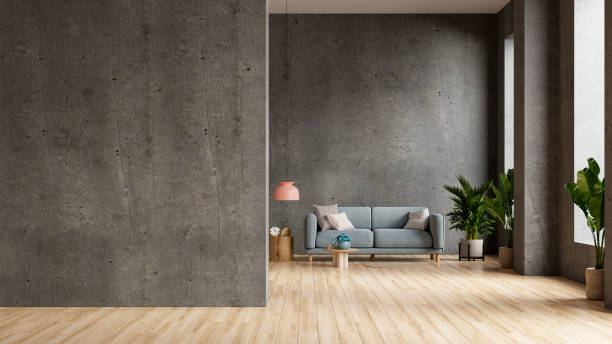 istock Loft style house with blue sofa and accessories in the dark room. 1400901039