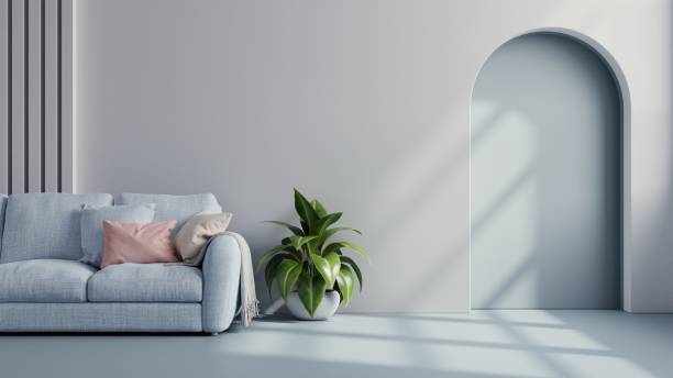 istock Blue sofa with plant on white wall and blue flooring. 1400901125