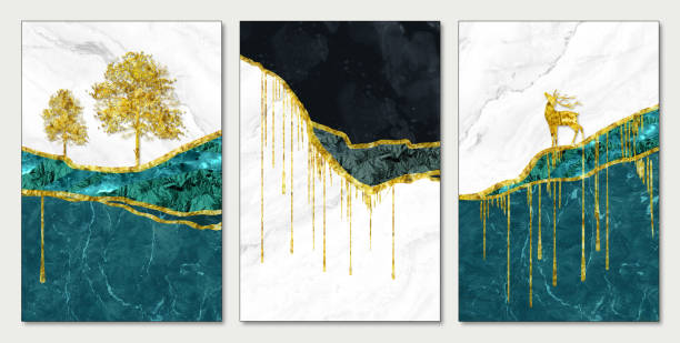 istock 3d abstract wallpaper for canvas wall frames. resin geode and marble art, functional art, like watercolor geode painting. turquoise, black and white marble background with deer and golden trees 1400909008