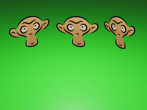 3D Illustration of flying 3 brown monkey head with green background.