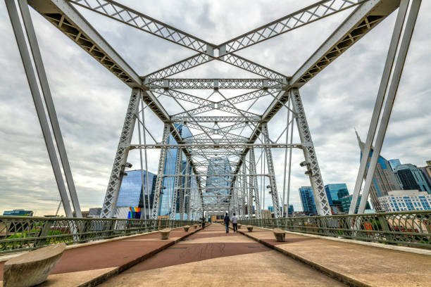 The John Seigenthaler Pedestrian Bridge crossing the Cumberland River in downtown Nashville, Tennessee.