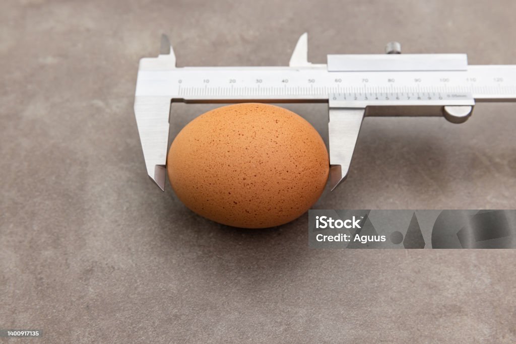 Vernier caliper measure brown egg on rusty grunge background Caliper Stock Photo