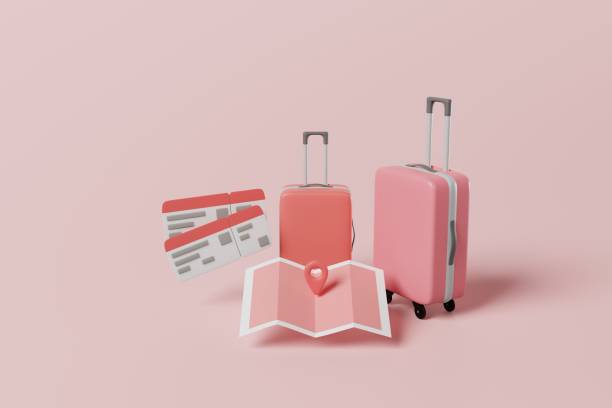 istock 3D rendering Suitcases, map, boarding pass on background. Traveling aboard, vacation concept 1400917240