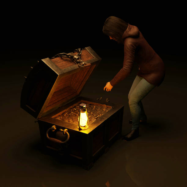 woman and treasure chest stock photo