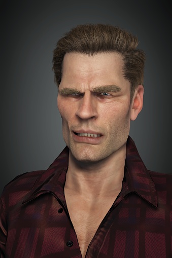 3d computer rendered illustration of and angry man modeled in the program called character creator