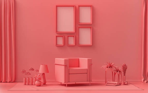 istock Flat color interior room for poster showcase with 5 frames, monochrome light pink gallery wall and plants 1400923740