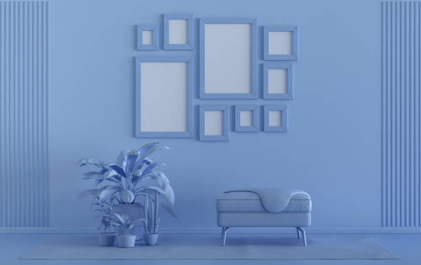 istock flat light blue color room and plants, gallery wall template with 9 frames 1400923748