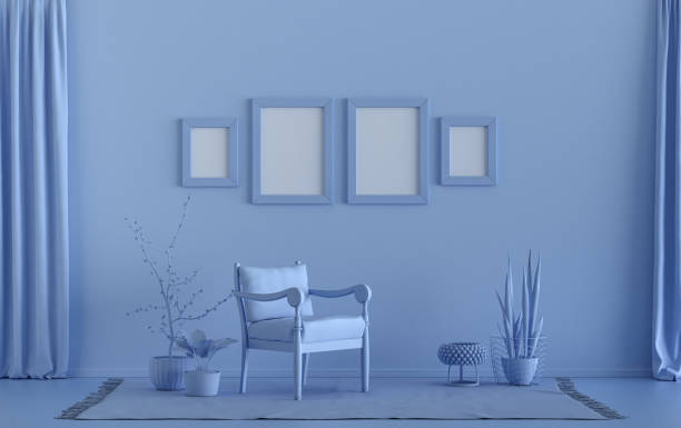 istock Interior room in plain monochrome blue, 4 frames with furniture and plants, Gallery wall 1400923751