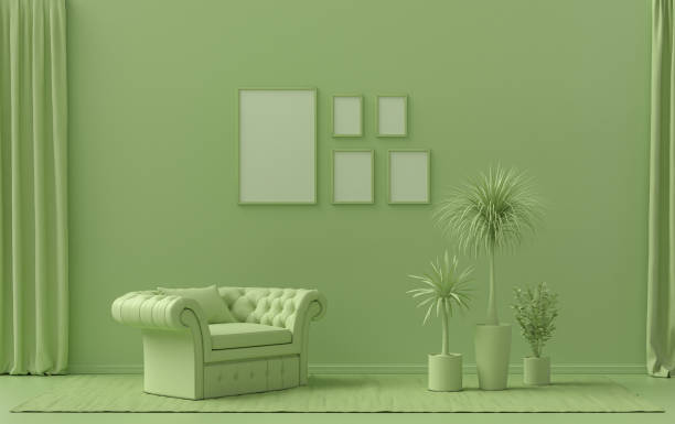 istock Flat color interior room for poster showcase with 5 frames, monochrome green gallery wall 1400923773