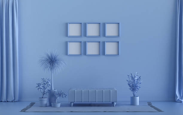 istock Mock-up poster gallery wall with six frames in solid pastel light blue room and plants 1400924325