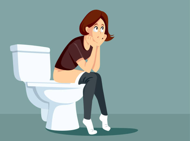 ilustrações, clipart, desenhos animados e ícones de mulher entediada sentada na ilustração do desenho animado do vetor do banheiro - urinating women bladder embarrassment