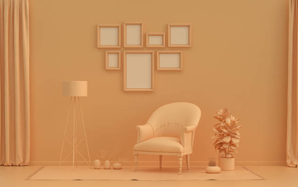 istock Mock-up poster gallery wall with 7 frames in solid pastel orange room 1400924509