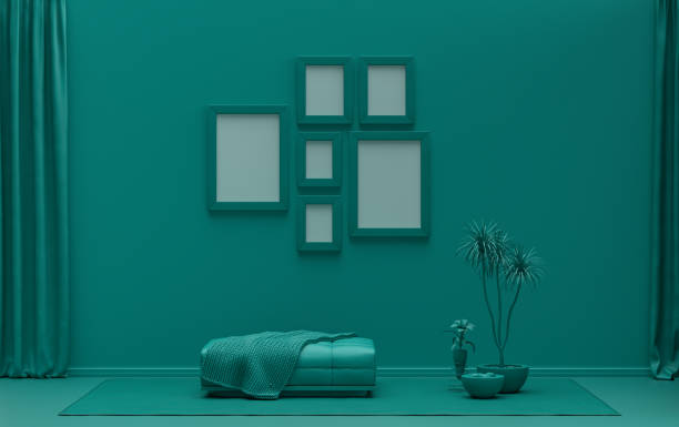 istock Mock-up poster gallery wall with six frames in solid pastel dark green room and plants 1400924521