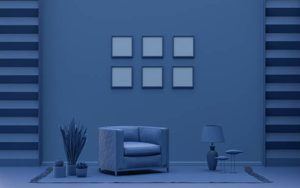 istock Mock-up poster gallery wall with six frames in solid pastel dark blue room 1400924546