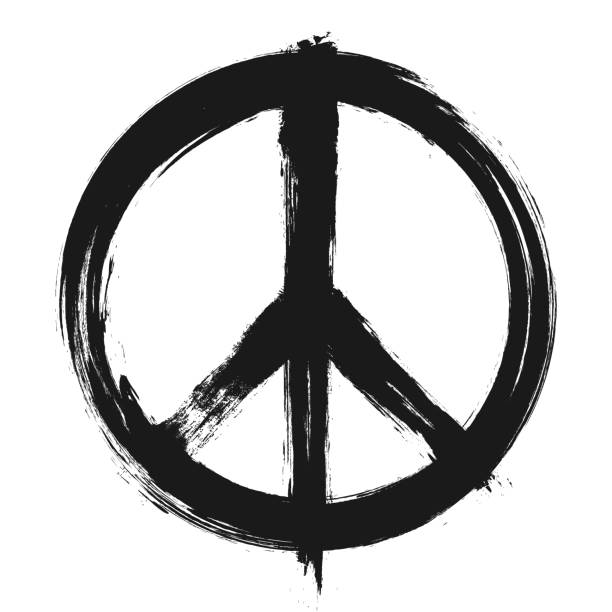 das symbol der kampagne für nukleare abrüstung (cnd) . realistisches tuschemalerei-design. schwarze farbe grunge stil . friedens- und hippie-pazifisten-konzept. vektorillustration . - pacifism stock-grafiken, -clipart, -cartoons und -symbole