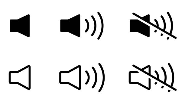 Speaker volume icon and mute set Speaker volume icon and mute set, sound, on, off volume unit meter stock illustrations