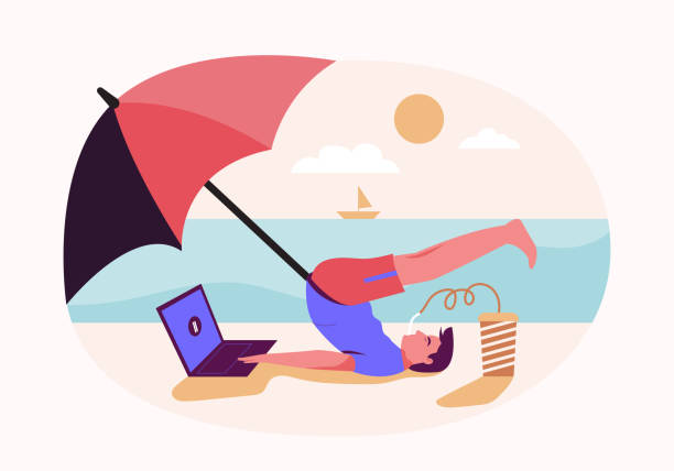 ilustrações de stock, clip art, desenhos animados e ícones de an vector illustration flat design of a man doing yoga aside the beach - stretch beach