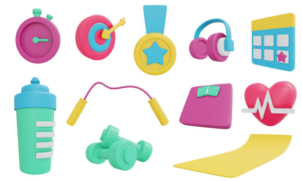 istock 3D Rendering set of exercise icon dumbbell water bottle headphone scale yoga mat badge timer target jump rope concept of workout isolated on white  background. 3D Render illustration cartoon style. 1400935538